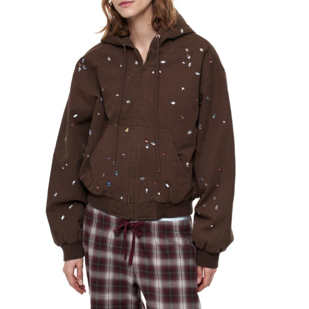 Praying Unisex Light Brown Bejewled Canvas Work Jacket Hoodie Size S